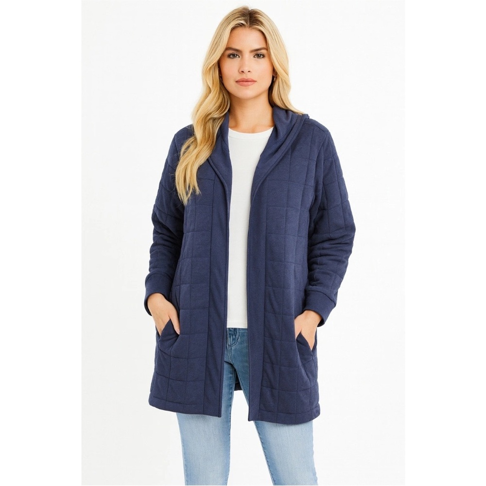 J Jill Pure Jacket hooded coated quilted cotton blue size medium
